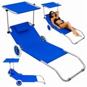 Folding Garden Beach Deckchair on Wheels with Canopy, Aluminum, Blue