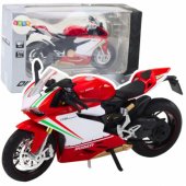 Sportinis motociklas, metalinis, raudonas ir baltas, su šviesomis ir garsais, 1:12