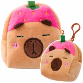 Plush Wallet with Keychain Capybara Strawberry Pink 9.5 x 8 cm