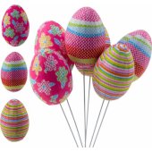 Easter Eggs on Wire Pick Dots Flowers Stripes Decoration Colorful 6pcs