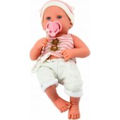 Baby doll in white and pink clothes, hat, pacifier, and blanket
