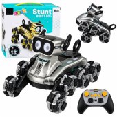 Nuotoliniu būdu valdomas robotas šuo RC, 8 ratai, demonstracinis režimas, triukai, sidabrinis