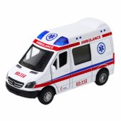 Baltas metalinis greitosios pagalbos automobilis su atitraukimo mechanizmu, šviesomis ir garsais, 1:32