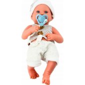 Baby doll in white and gray clothes, hat, pacifier, and blanket