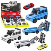 Visureigis automobilis, metalinis, paslėptas automobilis, šviesa ir garsas, baltas-mėlynas