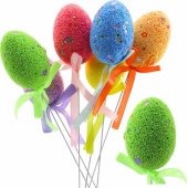 Easter Eggs on Wire Pick Colorful Leaves Ribbon Decoration 5pcs