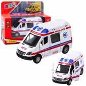 Baltas metalinis greitosios pagalbos automobilis su atitraukimo mechanizmu, šviesomis ir garsais, 1:32