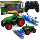 RC žalias traktorius su volu ir ūkininku, nuotoliniu būdu valdomas, 1:24