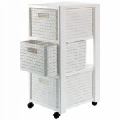 Country white bookcase on wheels with 3 drawers