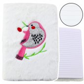 Plush Notebook Lined With Bird Silver Glitter White