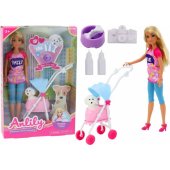 Anlily doll with a dog in a stroller bottles bowl bone apparatus