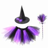Raganos kostiumas: skrybėlė, sijonas ir šluota, violetinė ir juoda