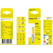 LED Филаментная лампа E14, C35, 6W, 840lm, 3000K, 360°