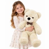 Plush Teddy Bear with a Plaid Bow – Cuddly Toy, Cream-White, 80 cm