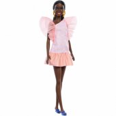 Barbie Fashionistas lėlė su persikine suknele pūstomis rankovėmis
