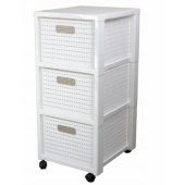 Country white bookcase on wheels with 3 drawers