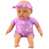 Kūdikio lėlė su violetiniu smėlinuku, minkštu pilvuku ir lankeliu puošta galvos juosta, 31 cm