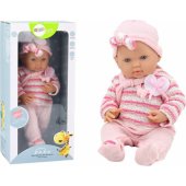 Baby doll, striped sweater, hat, scarf, pink