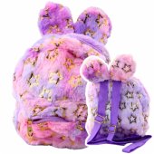 Pliušinė kuprinė, ausys, auksinės žvaigždės, vaikams, violetinė-rožinė