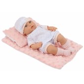 Baby Doll in White Pajamas, Hat, Blanket, Cushion