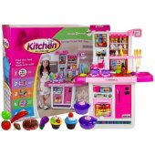 LeanToys rožinė virtuvėlė su vandens puodais, maisto produktais ir garsais