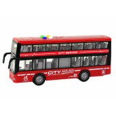 Baterijomis maitinamas dviaukštis autobusas, šviesos, garsai, inercinė pavara, raudonas