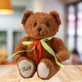 Plush Toy Teddy Bear Green-Red Bow Brown 30cm