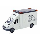 Baltas žirgų transportavimo automobilis atidaromomis durelėmis, šviesa ir garsu