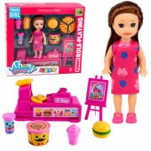 Mini Doll Set with Cash Register, Saleswoman, Hamburger, Ice Cream Acc