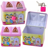 Piggy Bank Metal Owl House Padlock Keys Pink