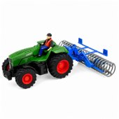 RC žalias traktorius su volu ir ūkininku, nuotoliniu būdu valdomas, 1:24