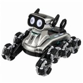Nuotoliniu būdu valdomas robotas šuo RC, 8 ratai, demonstracinis režimas, triukai, sidabrinis