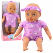 Kūdikio lėlė su violetiniu smėlinuku, minkštu pilvuku ir lankeliu puošta galvos juosta, 31 cm