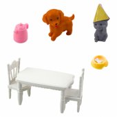 Gimtadienio rinkinys: lėlė, gyvūnai, šuo, katė, stalas, priedai