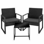 Rattan Garden Furniture Set, Two Chairs, Table, Balcony, Black