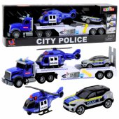 Policijos sunkvežimio, sraigtasparnio ir policijos automobilio su šviesomis ir garsais rinkinys