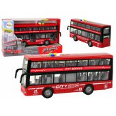 Baterijomis maitinamas dviaukštis autobusas, šviesos, garsai, inercinė pavara, raudonas