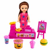 Mini Doll Set with Cash Register, Saleswoman, Hamburger, Ice Cream Acc