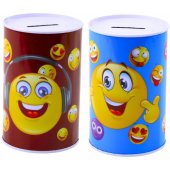 Metal Piggy Bank Emoticons Blue Brown 13 x 8cm