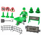 LeanToys šiukšliavežio rinkinys su kelio ženklais, žalias šiukšliavežis