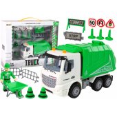 LeanToys šiukšliavežio rinkinys su kelio ženklais, žalias šiukšliavežis